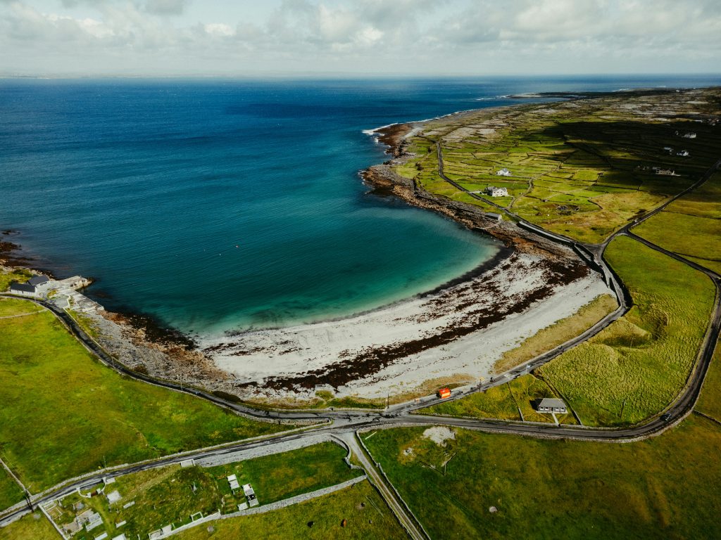 Aerial view of the picturesque coastline of County Clare, Ireland.